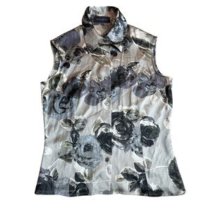 Piazza Sempione Size‎ 2 Sleeveless Silk Button Up Vest Gray Rosette Floral Print